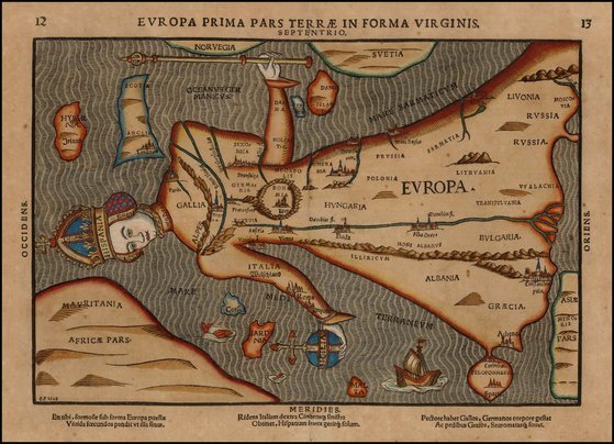 16세기 유럽에서 유행한 ‘유럽 여왕(Europa Regina·1582)’ 그림. 다른 대륙에 대한 유럽의 우월성을 드러냈다. [사진 reddit.com]