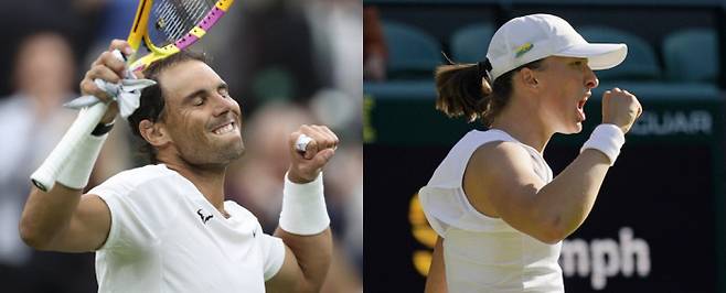 라파엘 나달(왼쪽)과 이가 시비옹테크가 1일 나란히 윔블던 단식 2회전을 통과한 뒤 환호하고 있다. 런던 | 신화연합뉴스