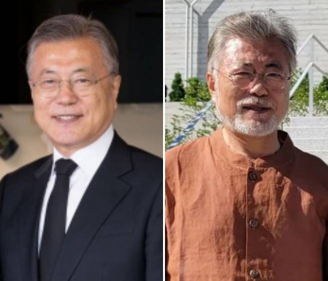 지난 5월23일 경남 김해시 진영읍 봉하마을 고 노무현 전 대통령 사저에서 열린 비공개 오찬에서 문재인 전 대통령과 이재명 더불어민주당 상임고문이 함께 사진을 찍고 있는 모습 중 일부[연합], 1일 김한규 민주당 의원이 페이스북에 공개한 문 전 대통령 모습.[김한규 민주당 의원 페이스북]