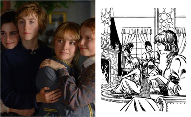 영화 '작은 아씨들' 속 마치 일가 네 자매의 모습(왼쪽 사진)과 소설 '작은 아씨들'의 네 자매 삽화. 소니픽처스 제공·위키피디아 캡처