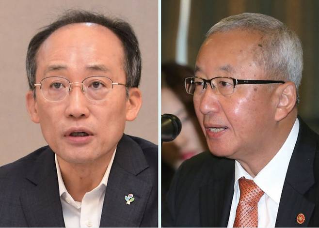 추경호 부총리 겸 기획재정부 장관이 지난 6월 21일 서울 종로구 정부서울청사에서 열린 ‘제1차 부동산 관계장관회의’에서 모두발언을 하고 있다. 추 부총리는 이날 용산 대통령실 청사에서 열린 국무회의에서 “공공기관 파티는 끝났다”며 강력한 구조조정을 예고했다(왼쪽). 2013년 11월 14일 현오석 부총리 겸 기획재정부 장관이 은행회관에서 열린 공공기관 조찬간담회에서 “이제 파티는 끝났다고 본다”며 공공기관의 방만 경영과 부채 문제를 엄격 관리하겠다는 방침을 밝혔다. / 기획재정부·연합뉴스