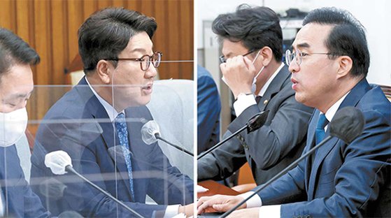 권성동 국민의힘 원내대표(왼쪽 사진)와 박홍근 민주당 원내대표(오른쪽)가 국회에서 열린 원내대책회의에 각각 참석해 발언하고 있다. 김경록 기자