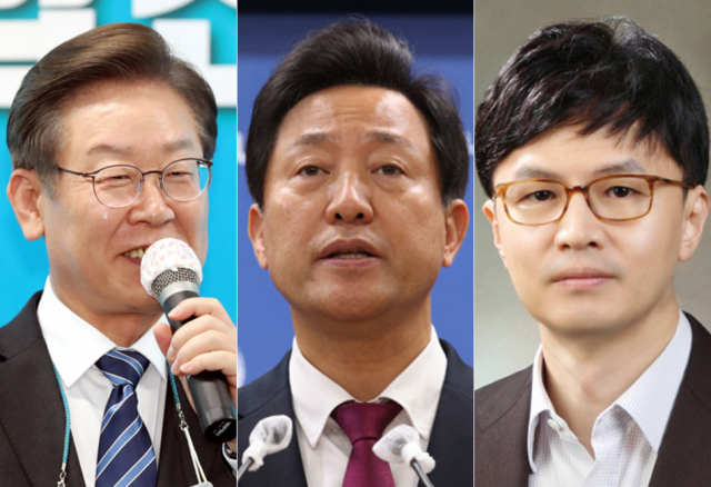 (왼쪽부터) 이재명 더불어민주당 의원, 오세훈 서울시장, 한동훈 법무부 장관. 연합뉴스