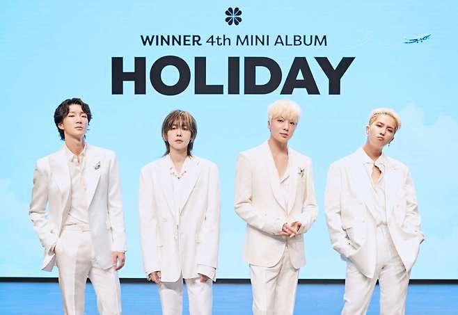 K-pop boy band Winner poses for picture during its 4th EP "Holiday" press conference held in Seoul at the YG Entertainment building on Tuesday. (YG Entertainment)