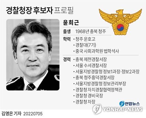 [그래픽] 윤희근 경찰청장 후보자 프로필 (서울=연합뉴스) 김영은 기자 = 0eun@yna.co.kr
    트위터 @yonhap_graphics  페이스북 tuney.kr/LeYN1