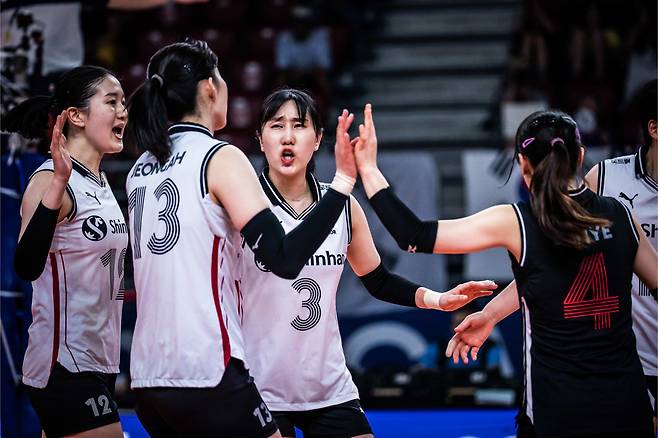 득점하고 기뻐하는 한국 여자배구 대표팀, VNL