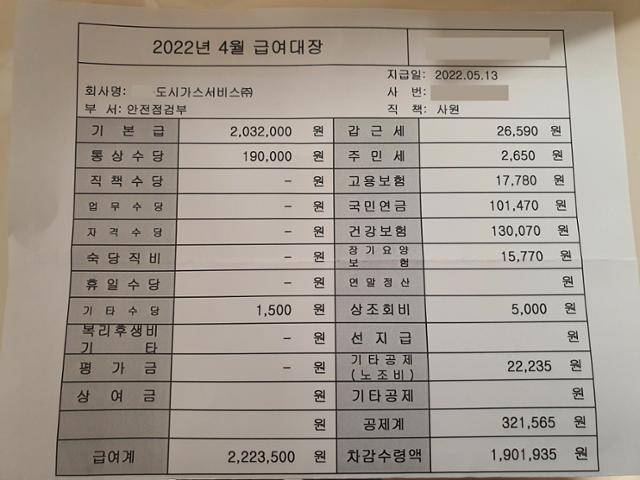 서울도시가스 위탁 도시가스 안전점검원 김모씨의 지난 4월 급여 명세서. 세전 222만 원을 받고 손에 쥐는 건 190만 원이 전부다. 김씨 제공