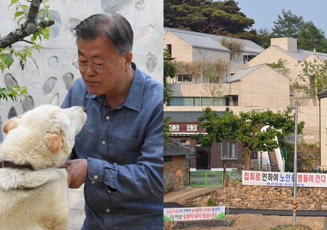 문재인 전 대통령(왼쪽 사진)과 양산 사저 앞 모습. 페이스북, 뉴시스