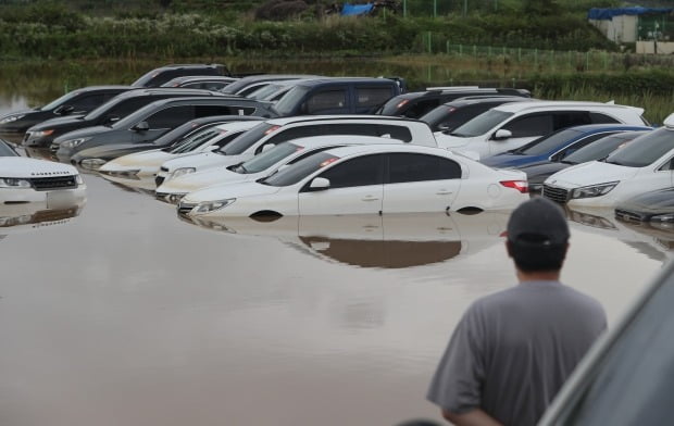 지난달 30일 경기 수원시 권선구의 한 중고차 매매단지에 기습적으로 내린 폭우로 인해 미처 나오지 못한 중고차량들이 물에 잠겨있다. 사진=뉴스1