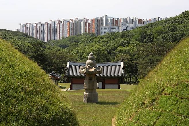 유네스코 세계문화유산인 김포 장릉 인근에 문화재청의 허가 없이 건설돼 논란이 일었던 이른바 ‘왕릉뷰’ 아파트. 김포=뉴스1