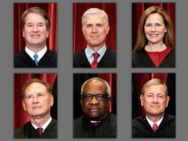 연방대법원의 보수적 판결을 이끌고 있는 6명의 대법관들. 왼쪽 위부터 시계방향으로 캐버노, 고서치, 배럿, 로버츠, 토머스, 알리토. 연방대법원