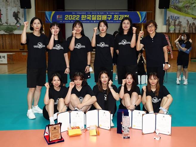 [포항=뉴시스] 강진구 기자 = 경북 포항시체육회(회장 나주영)는 배구선수단(감독 김윤혜)이 강원도 인제군에서 열린 ′2022 한국실업배구 최강전′에서 총 4개팀이 참가해 전승을 기록하며 우승을 차지했다고 12일 밝혔다.(사진=포항시체육회 제공) 2022.07.12.photo@newsis.com *재판매 및 DB 금지