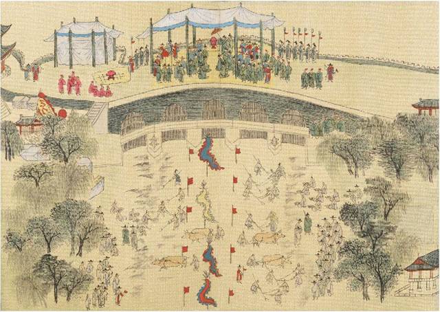 ▲수문상친림관역도. 준천도 중의 하나로 오간수문에 행차한 영조가 준설공사를 참관하는 그림이다. 주위에 버드나무가 무성하다.Ⓒ부산박물관