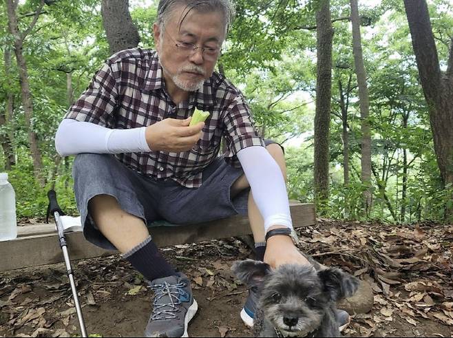 문재인 전 대통령이 13일 경남 양산 사저 인근 영축산에서 산행하는 모습을 공개했다. (사진=인스타그램 캡처)