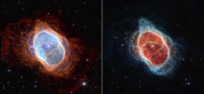 제임스 웹 우주망원경 첫 영상 제임스 웹 망원경이 촬영한 남쪽고리성운(팔렬성운). 왼쪽은 근적외선, 오른쪽은 중적외선 파장으로 관측한 영상이다./NASA