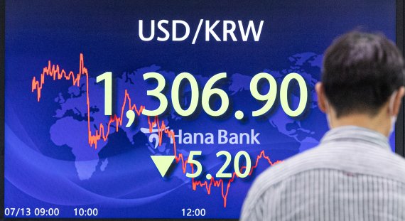 한국은행이 사상 첫 '빅스텝'(한 번에 기준금리 0.5%포인트 인상)을 단행한 13일 오후 서울 중구 하나은행 딜링룸의 모니터에 이날 거래된 원/달러 환율 마감가가 표시돼 있다. 이날 코스피는 전날보다 10.85포인트(0.47%) 오른 2,328.61에 장을 마쳤다. /연합뉴스