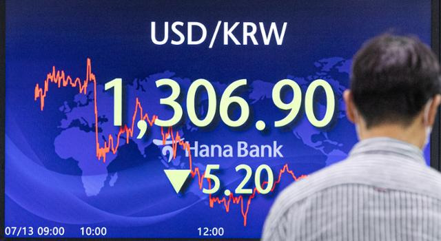 한국은행이 사상 첫 '빅스텝'(한 번에 기준금리 0.5%포인트 인상)을 단행한 13일 오후 서울 중구 하나은행 딜링룸의 모니터에 이날 거래된 원·달러 환율 마감가가 표시돼 있다. 이날 원·달러 환율은 5.2원 내린 1,306.9원으로 마감했다. 연합뉴스