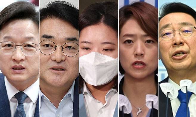 (왼쪽부터) 강병원 더불어민주당 의원, 박용진 의원, 박지현 전 비대위원장, 고민정 의원, 윤영찬 의원