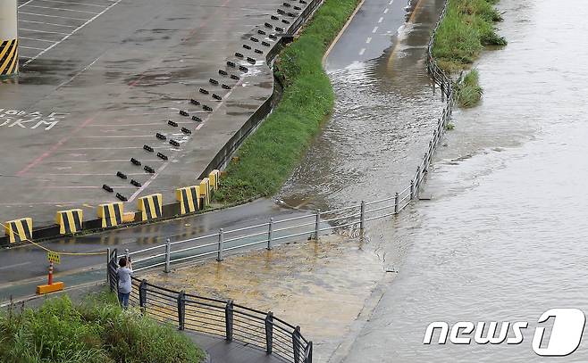 서울 강남구 탄천공영주차장 자전거도로 일부가 침수돼 있다. 2018.7.1/뉴스1 © News1 구윤성 기자