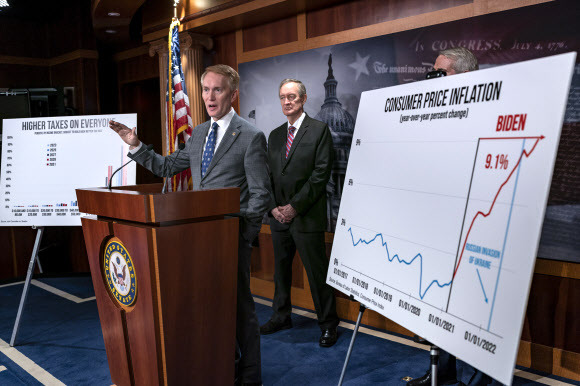 미국 공화당 소속인 제임스 랭크퍼드(왼쪽 첫 번째) 오클라호마주 상원의원과 마이크 크레이포 아이다호주 상원의원이 13일(현지시간) 워싱턴DC에서 기자회견을 열고 6월 소비자물가지수(CPI)가 41년 만에 최고 수준인 9.1% 급등하는 등 인플레이션이 계속 악화하는 것을 거론하며 조 바이든 행정부의 물가 정책을 비판하고 있다.워싱턴DC AP 연합뉴스