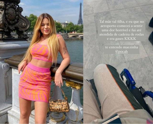 브라질 인플루언서 비토리아(왼쪽)가 휠체어에 탄 채 공항으로 이동하는 모습(오른쪽). 인스타그램 갈무리