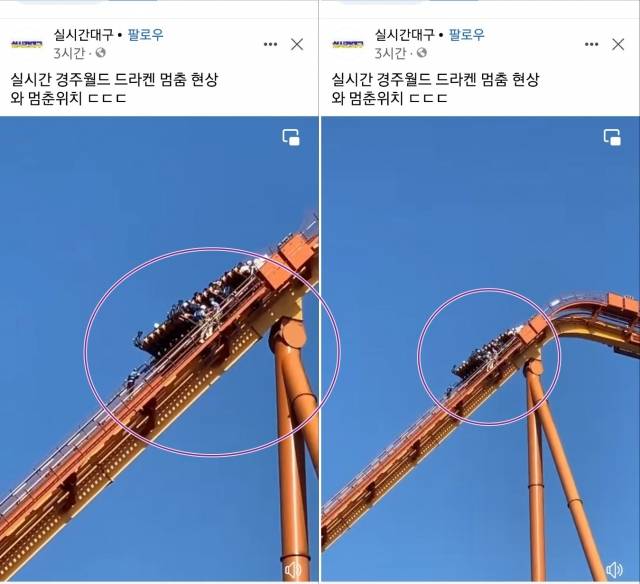 대구 지역 커뮤니티 페이지에 올라온 경주월드 롤러코스터 드라켄 멈춤 사고 현장 사진. 페이스북 캡쳐