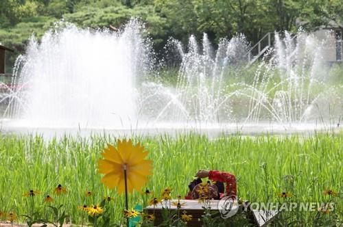 (서울=연합뉴스) 임헌정 기자 = 전국 대부분 지역 한낮 체감온도가 31도 이상으로 오르는 등 불볕더위가 계속된 19일 서울 성동구 서울숲에서 시민이 나무 그늘에 누운 채 분수를 바라보며 휴식을 취하고 있다. 2022.7.19