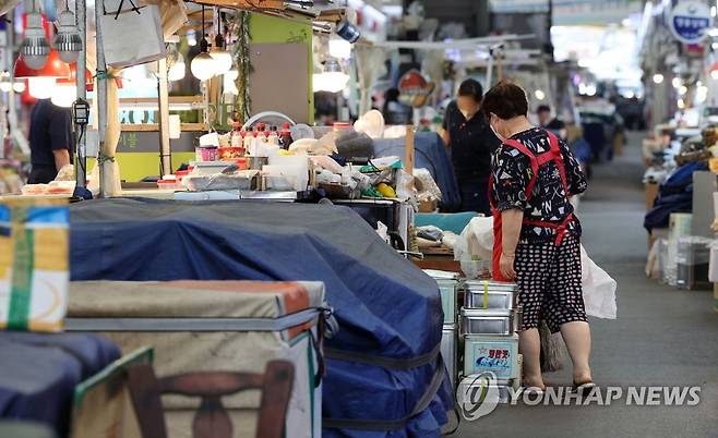 한산한 시장 (서울=연합뉴스) 김인철 기자 = 지난 17일 오후 서울 시내의 한 건어물시장에서 상인이 손님이 오기를 기다리고 있다. 2022.7.17 yatoya@yna.co.kr