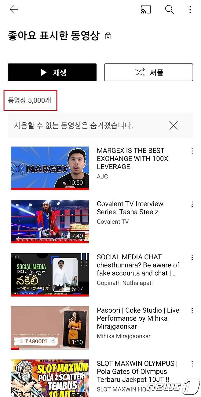 유튜브에 표시된 '좋아요 표시한 동영상' 목록. 영상을 시청한 적이 없는데도 '좋아요'를 표시한 영상 5000개가 기록되어 있다.© 뉴스1