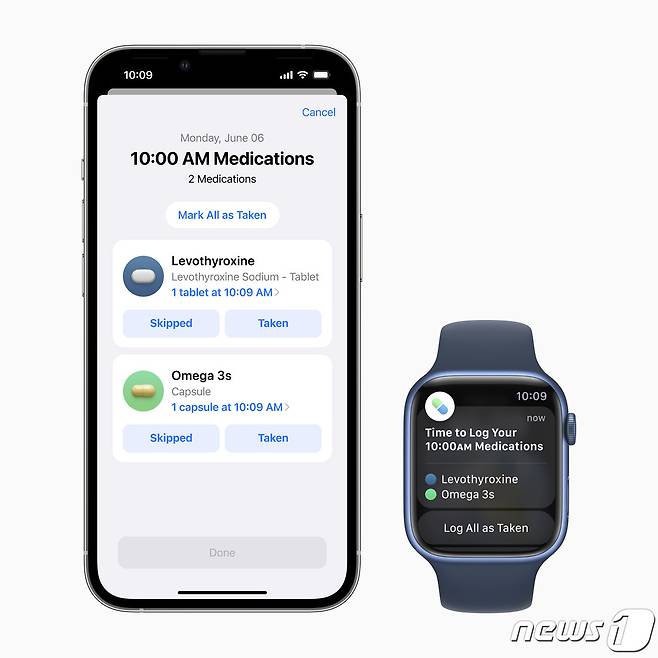 약 복용관리 기능이 지원되는 애플 새 운영체제인 'iOS16'과 ''워치OS9'(애플 제공)© 뉴스1