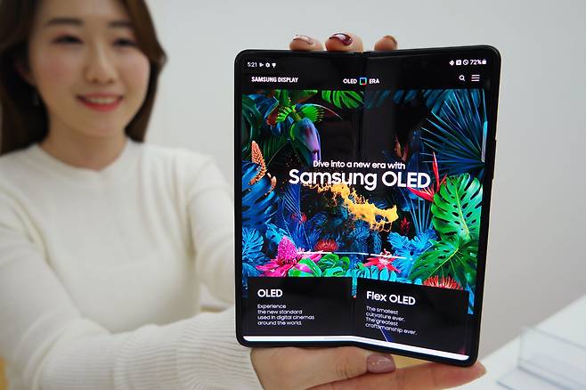 삼성디스플레이 직원이 스마트폰용 OLED 패널을 시연하는 모습. /삼성디스플레이 제공