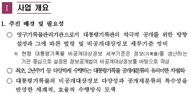 대통령기록물 비공개대상정보 세부기준 정비 및 공개재분류에 대한 AI(인공지능) 기술 적용 가능성 연구 과업 지시서.