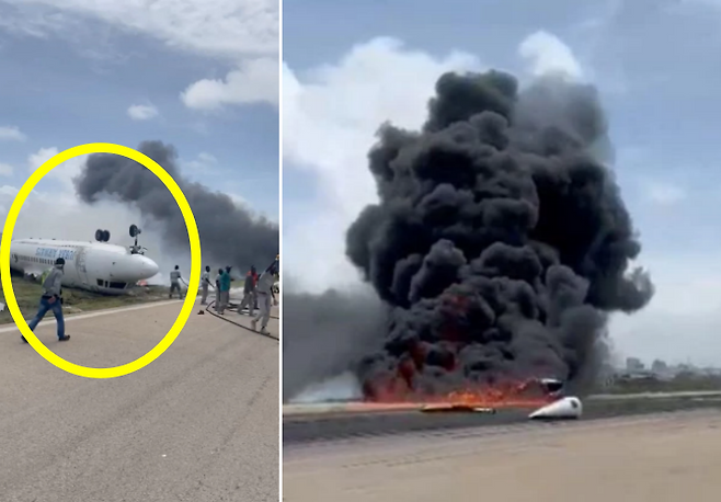 현지시간으로 18일 소말리아 수도 모가디슈 국제공항에서 국내선 여객기가 불시착해 동체가 뒤집히는 사고가 발생했지만, 탑승자 36명 전원이 기적적으로 생존했다