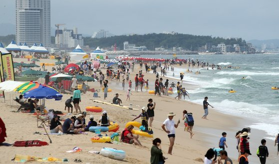 지난 17일 강원 강릉시 경포해수욕장에서 높은 파도가 이는 가운데 많은 피서객이 무더위를 식히고 있다. 연합뉴스