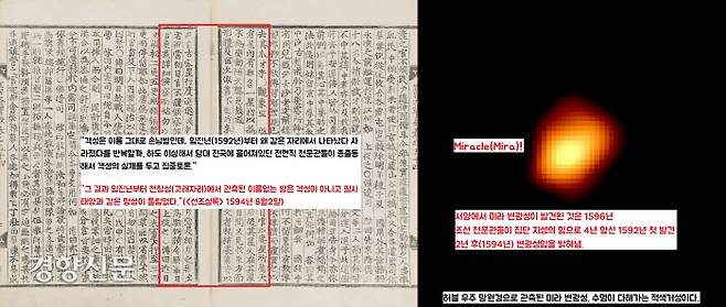 조선의 천문관들은 1592~94년 15개월동안 빛을 내다가 어두워지는 별의 출현에 설왕설래했다. 결국 조선의 전 현직 천문관들이 총출동해서 별의 정체를 두고 집중토론을 벌인 결과 “객성(손님별)이 그렇게 짧은 간격으로 반복되어 나올 수 없다. 문제의 별은 객성이 아니라 항성(미라 변광성)임이 틀림없다”는 결론을 내렸다. 서양에서 미라변광성을 관측한 것(1596년)보다 2년먼저 그 정체를 밝혀낸 것이다.