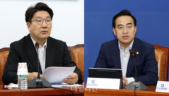 권성동 국민의힘 당대표 직무대행 겸 원내대표(왼쪽)과 박홍근 더불어민주당 원내대표(오른쪽)이 각각 25일 오전 국회에서 열린 최고위원회의, 비상대책위원회의에서 모두 발언을 하고 있다. (공동취재사진) ⓒ데일리안 홍금표 기자