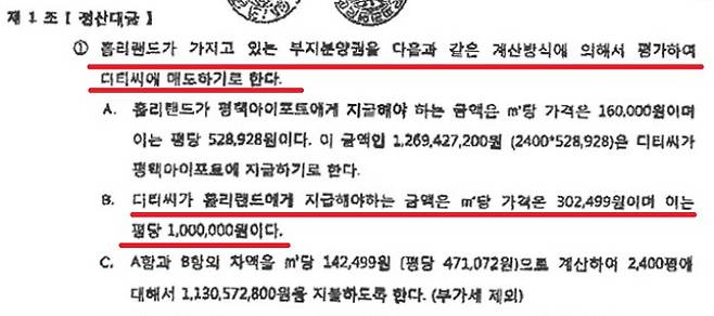 홀리랜드 익스피리언스 아시아와 디티씨가 맺은 부지분양권 거래 계약서 일부.