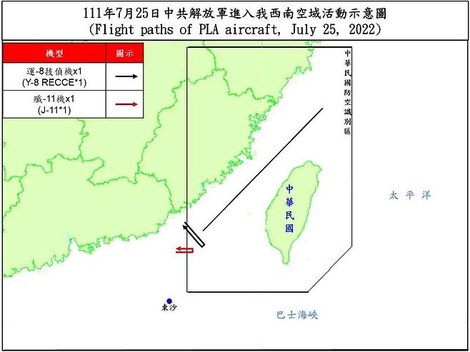 중국 군용기 대만 방공식별구역 진입 경로 [대만 국방부 제공, 재판매 및 DB 금지]