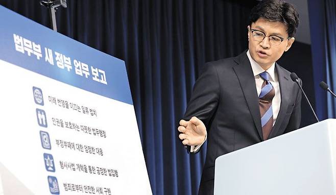 법무부 업무보고 브리핑하는 한동훈 - 한동훈 법무부 장관이 26일 서울 용산구 대통령실에서 윤석열 대통령에게 업무보고를 마친 뒤 업무 계획에 대해 설명하고 있다. /뉴스1