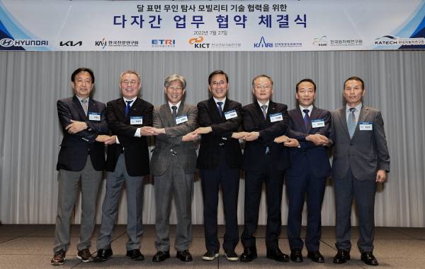 (왼쪽부터) 한국천문연구원 박영득 원장, 한국전자통신연구원 박종현 부원장, 한국건설기술연구원 김현준 연구부원장, 현대차·기아 연구개발본부장 박정국 사장, 한국항공우주연구원 이상률 원장, 한국원자력연구원 정지영 부원장, 한국자동차연구원 임광훈 경영지원본부장 [사진제공=현대차그룹]