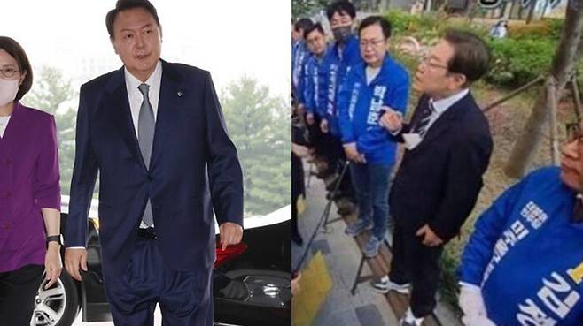 윤석열 대통령, 거꾸로 입은 듯한 바지 / 이재명 당시 대선 후보, 신발 신고 벤치에 올라가 연설하는 모습