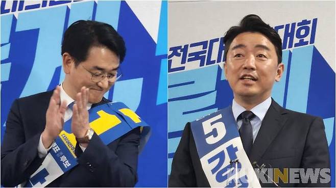 전당대회 본선행을 확정 지은 박용진 후보(왼쪽)와 강훈식 후보.   사진=황인성 기자