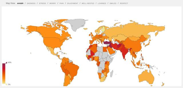 세계 주요국의 분노 경험 비율. 갤럽 자료