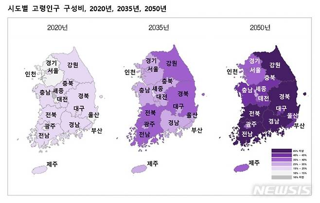 [세종=뉴시스] 통계청 장래인구추계(시도편) 2020~2050년, 시도별 고령인구 구성비. (자료=통계청 제공)