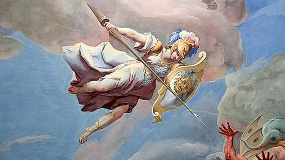 전쟁의 여신 아테나가 아이기스를 들고 적을 향해 창을 찌르고 있다. 파울 트로게가 1739년 오스트리아 괴트바이크 수도원에 그린 천장화의 일부. 위키피디아