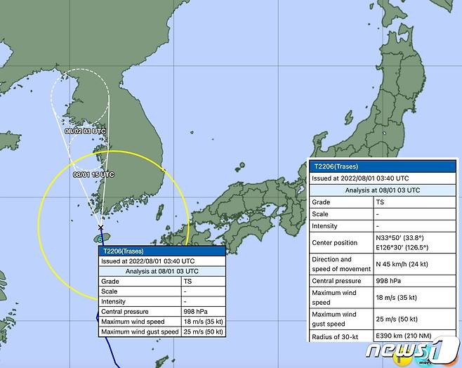 일본 기상청(JMA)가 1일 낮 12시 밝힌 태풍 트라세 예상 이동 경로 ⓒ 뉴스1