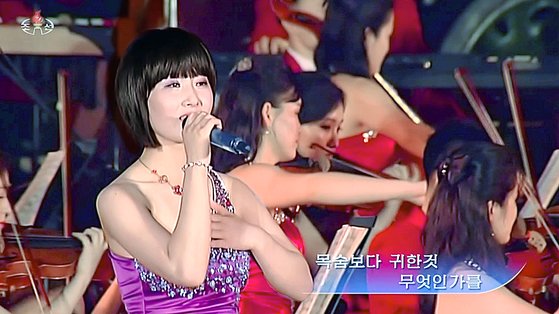 북한 전승절 기념행사에서 노래하는 신인 가수 정홍란