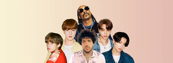 An image of BTS members Jin, V, Jimin, Jungook, rapper Snoop Dogg and US producer Benny Blanco. (Matt Adam)