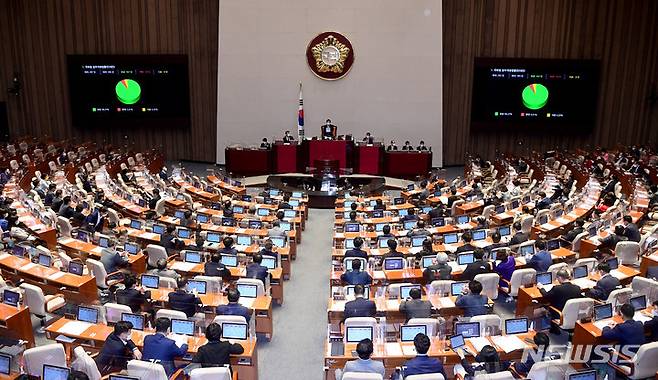 [서울=뉴시스] 최진석 기자 = 28일 서울 여의도 국회에서 열린 본회의에서 세종시에 국회의사당 분원을 설치하는 내용의 국회법 개정안이 통과되고 있다. (공동취재사진) 2021.09.28. photo@newsis.com *재판매 및 DB 금지