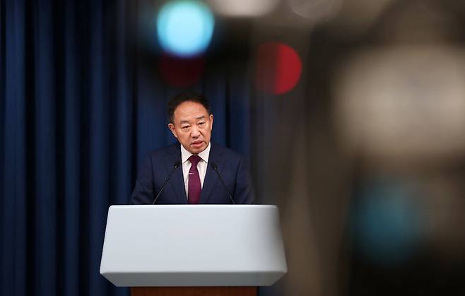 강승규 시민사회수석이 7월20일 서울 용산 대통령실 청사 브리핑룸에서 국민제안 심사위원회 출범 관련 브리핑을 하고 있다. 뉴시스